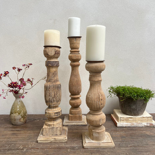 Antique Hand-Carved Wood Balustrade Candlestick Holder